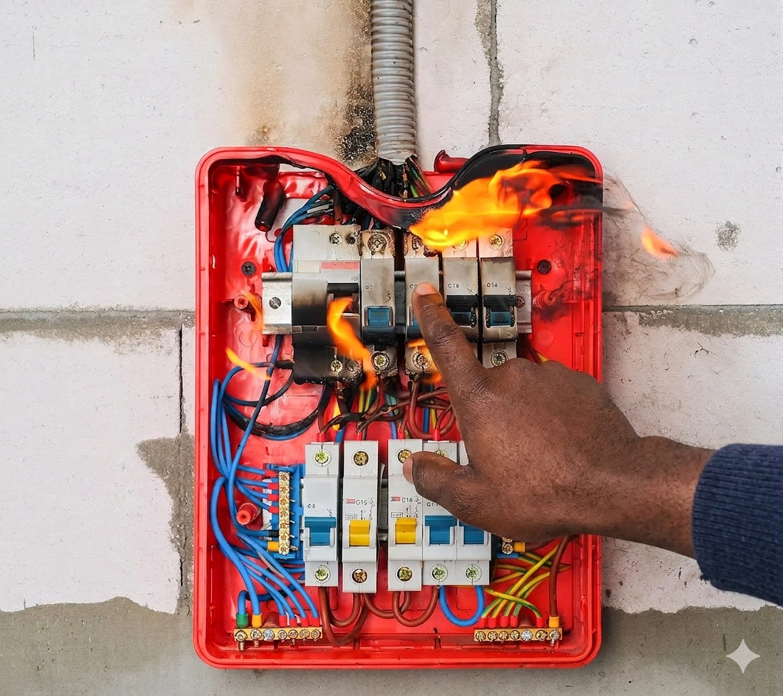 A hand tripping an electrical box that's on fire